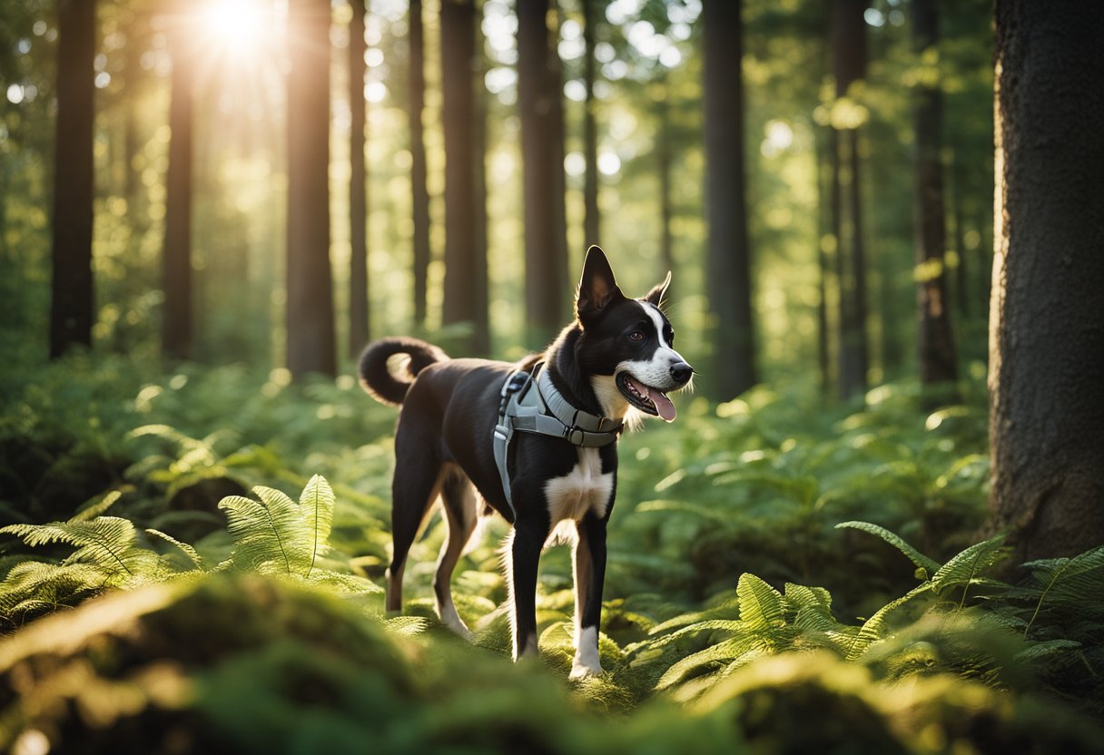 Um cachorro usando um rastreador GPS enquanto explora uma floresta exuberante, com o sol brilhando através das árvores e uma sensação de segurança e paz.