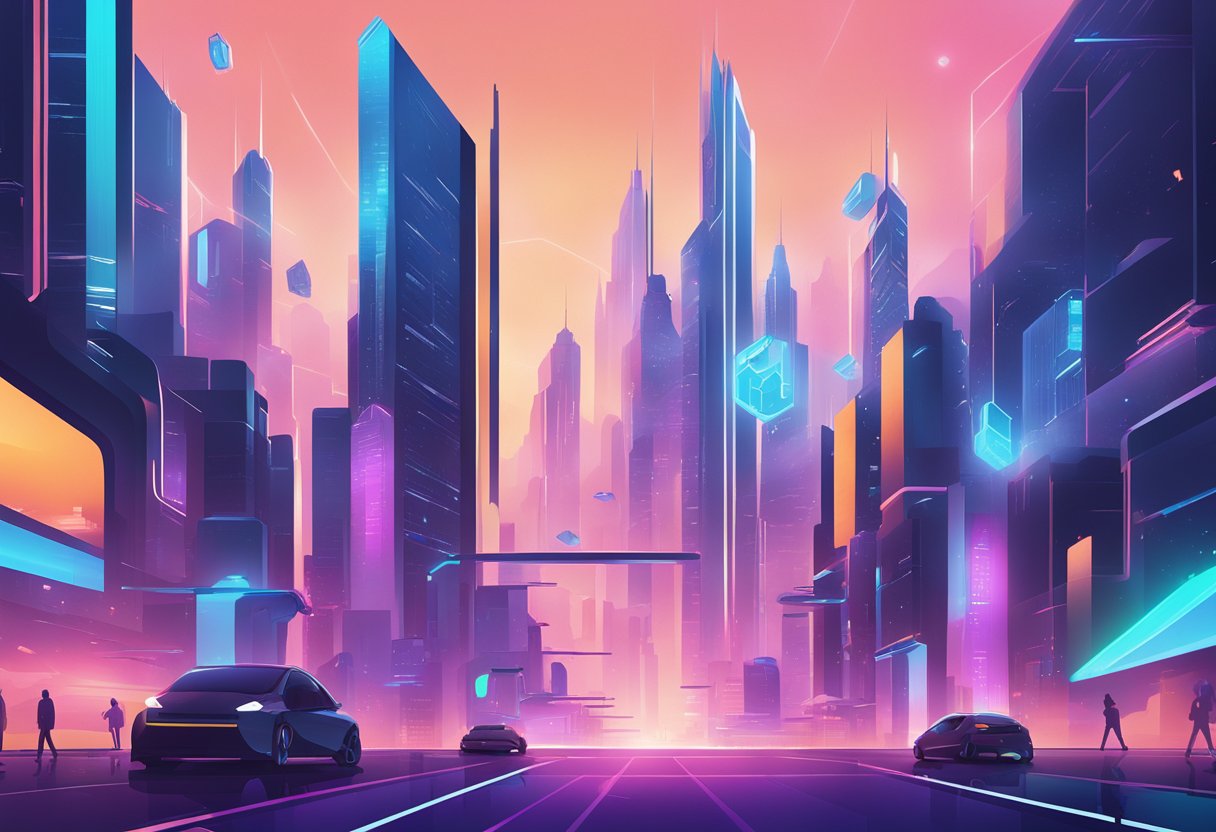 Uma paisagem urbana futurista com edifícios modernos e elegantes, destacando o contraste entre Flutter e React Native através de visuais vibrantes e dinâmicos e interfaces de usuário.