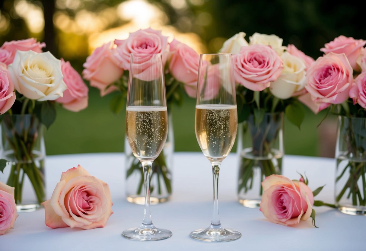 Uma mesa posta com duas taças de champanhe, cercada por 42 rosas em flor, simbolizando 42 anos de casamento