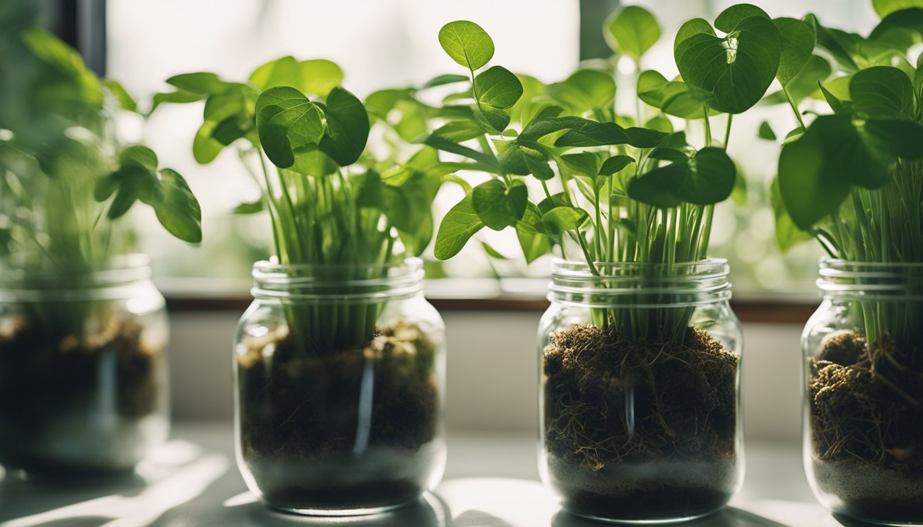 Lush cuttings in glass jars display root growth in sunlight