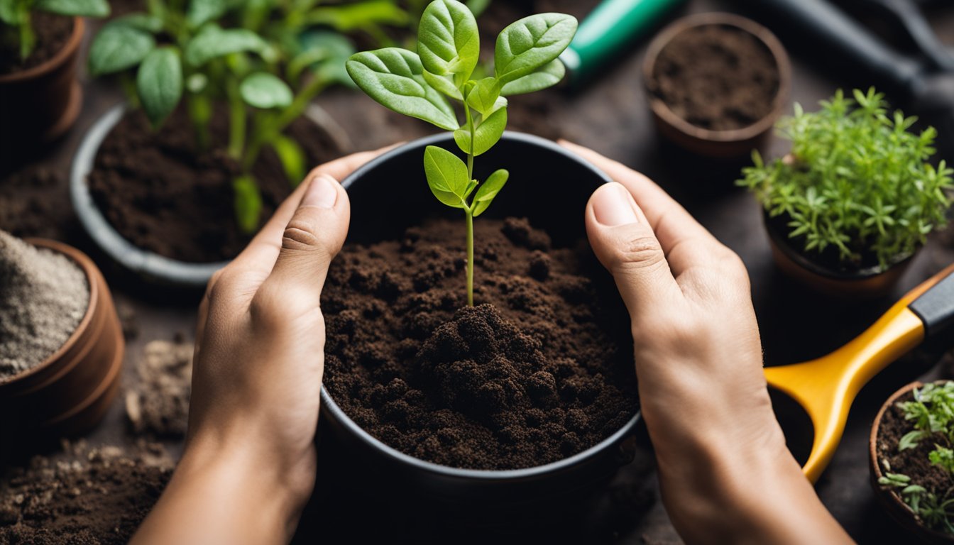 A hand holding a small pot of soil, surrounded by gardening tools, depicts the care involved in the process