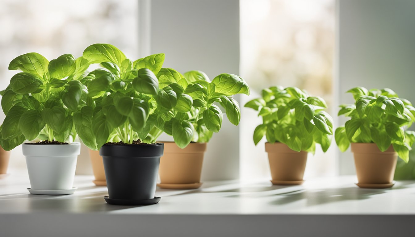 Two potted basil plants on white background. Left plant small, pale, yellowing. Right plant lush, vibrant, twice the size. NPK fertilizer gauge graphic between, displaying optimal nutrient levels (10-10-10)