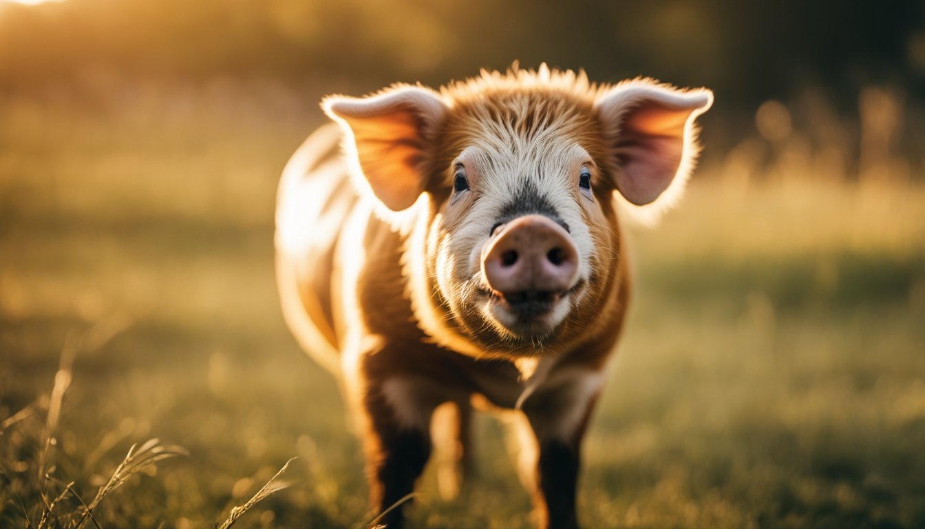 A smiling Kunekune pig's face, ginger coat with black spots, upturned snout, and friendly eyes, set against a soft-focus pasture background in golden morning sunlight