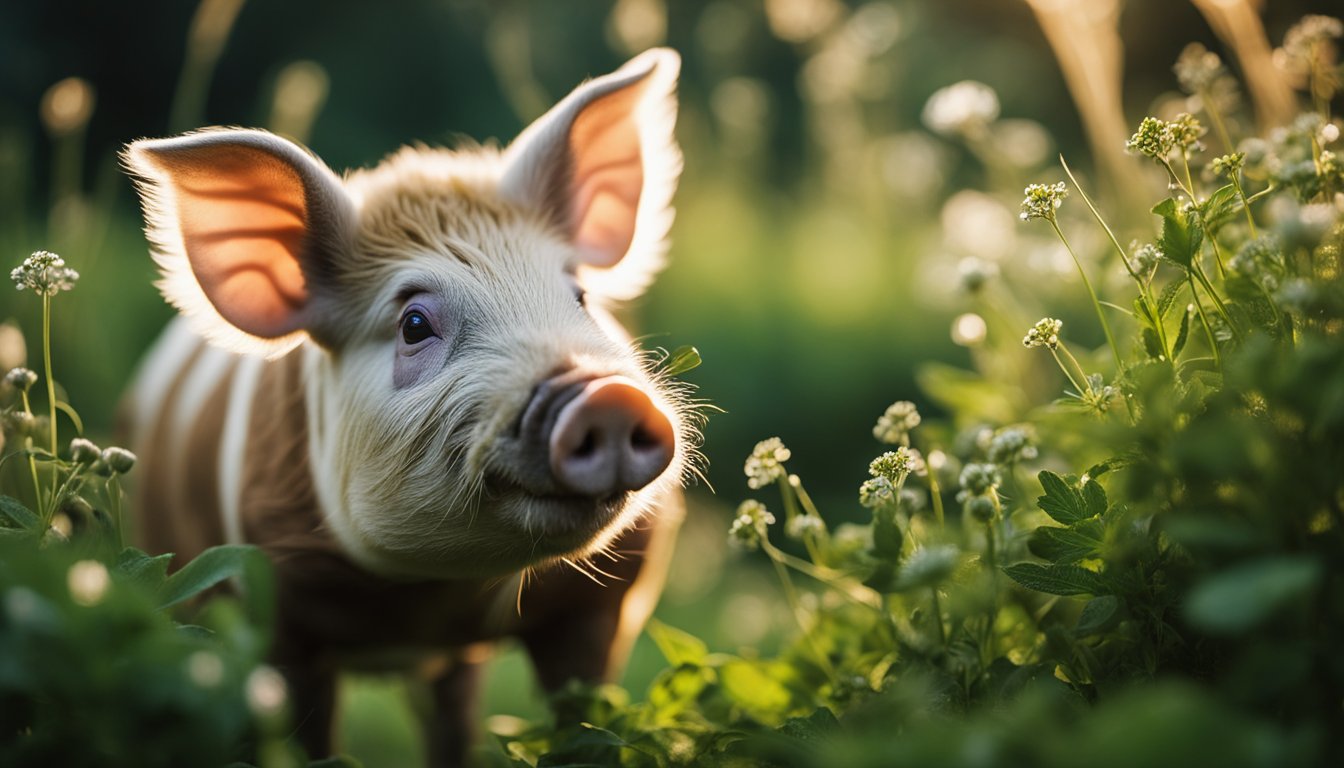 A lush garden bed with five herb sections, a Kunekune pig peeking from the corner, herbs in full bloom with morning dew glistening