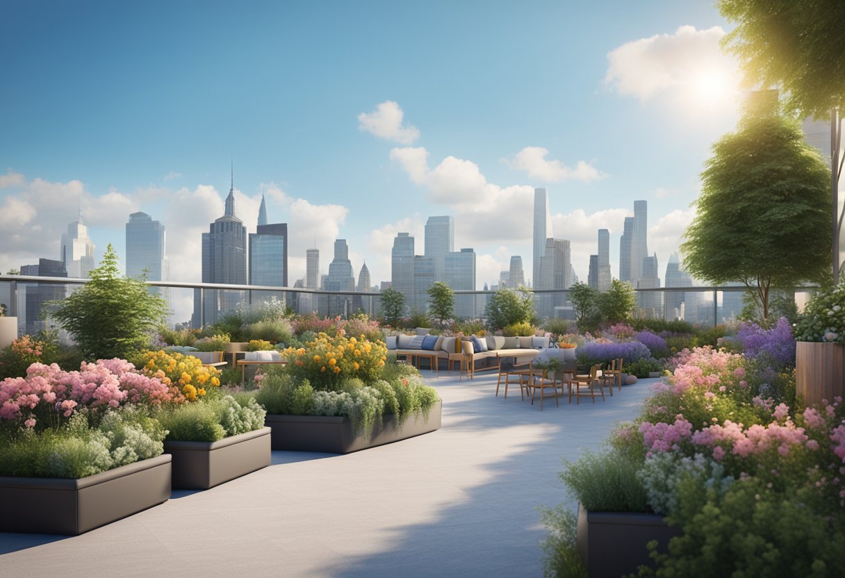 A rooftop garden with lush greenery, colorful flowers, and seating areas surrounded by city skyline and bright blue sky