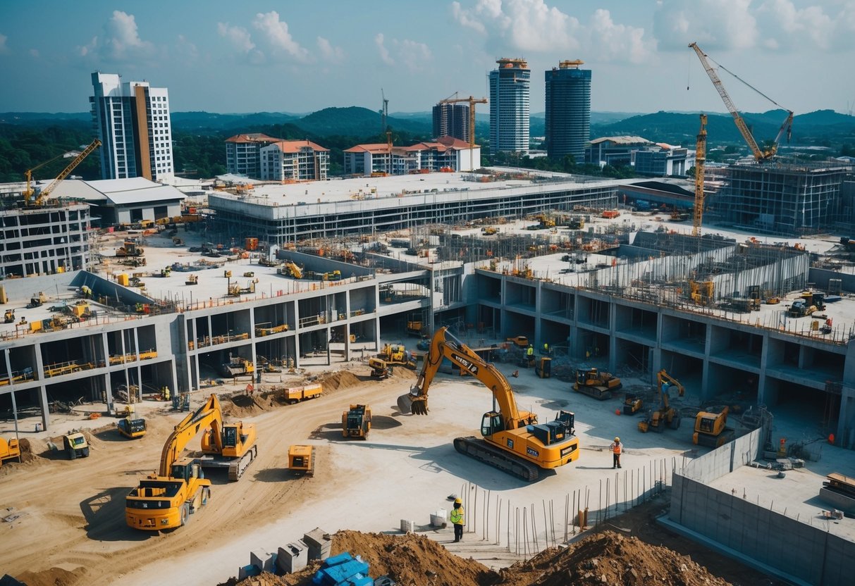 A bustling construction site in Selangor with workers, heavy machinery, and buildings in various stages of completion