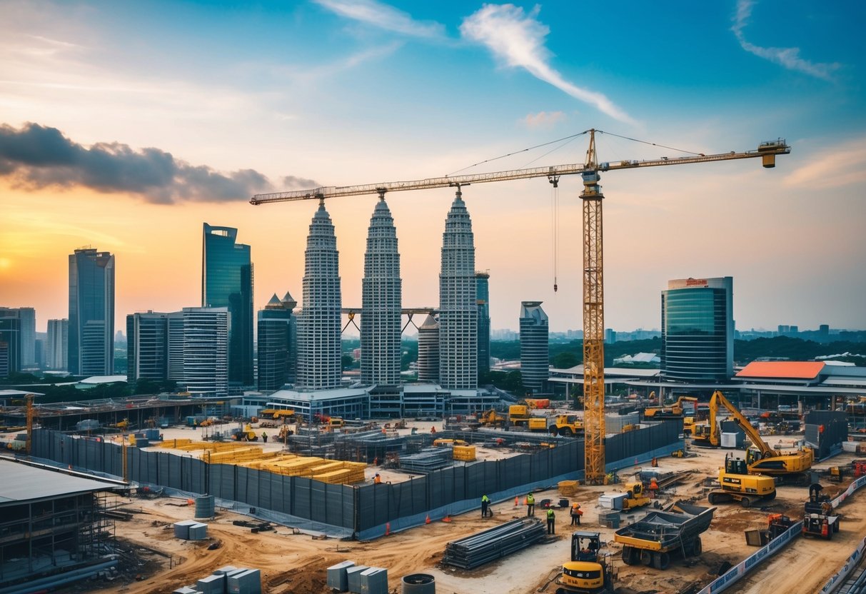 A bustling construction site with workers, machinery, and materials in Selangor, Malaysia