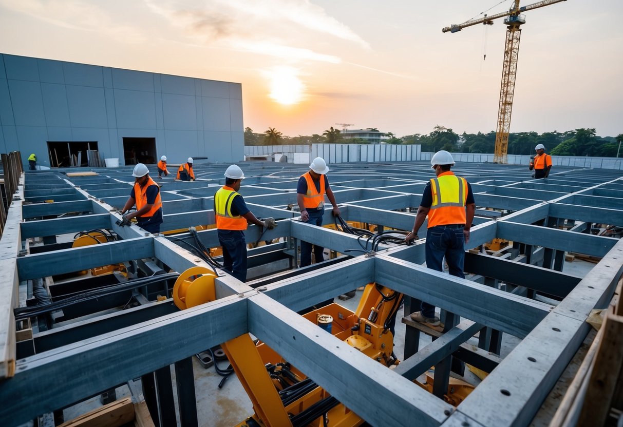 A construction site in Selangor, Malaysia, with workers operating heavy machinery and assembling structures for Operational Excellence