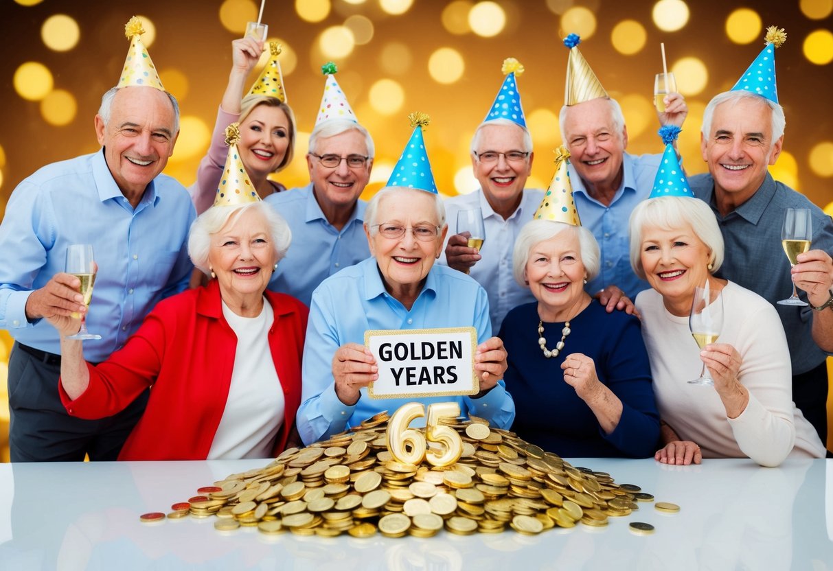A group of seniors celebrating their 65th birthday with party hats and balloons, surrounded by a pile of gold coins and a sign that reads "Golden Years."