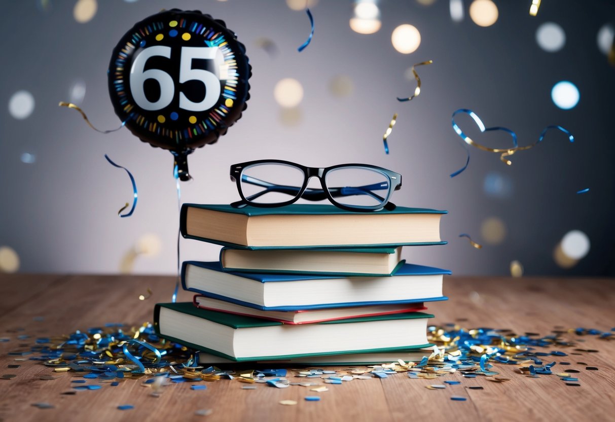 A stack of books with a pair of glasses on top, surrounded by a scattering of confetti and a "65" shaped balloon