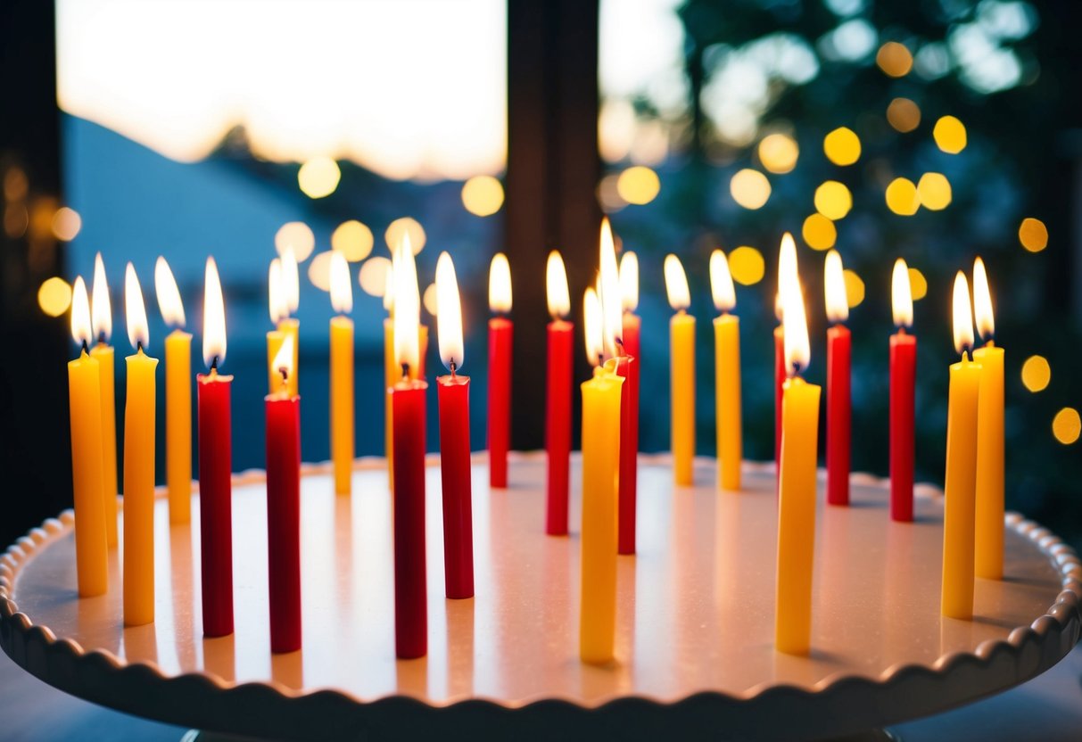 65 lit candles arranged in a circle, with an empty cake stand in the center