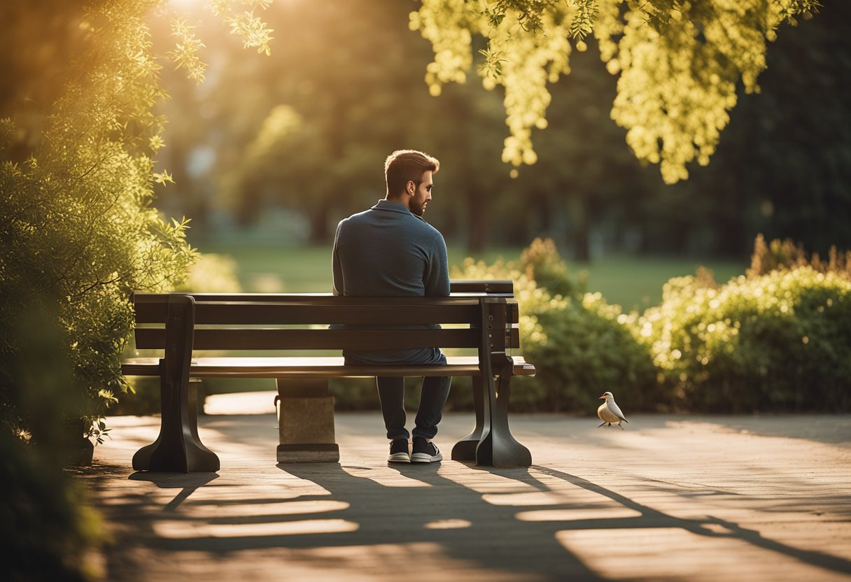 A person sitting on a park bench surrounded by nature, looking peaceful and content. The sun is shining, birds are chirping, and there is a sense of calm and tranquility in the air