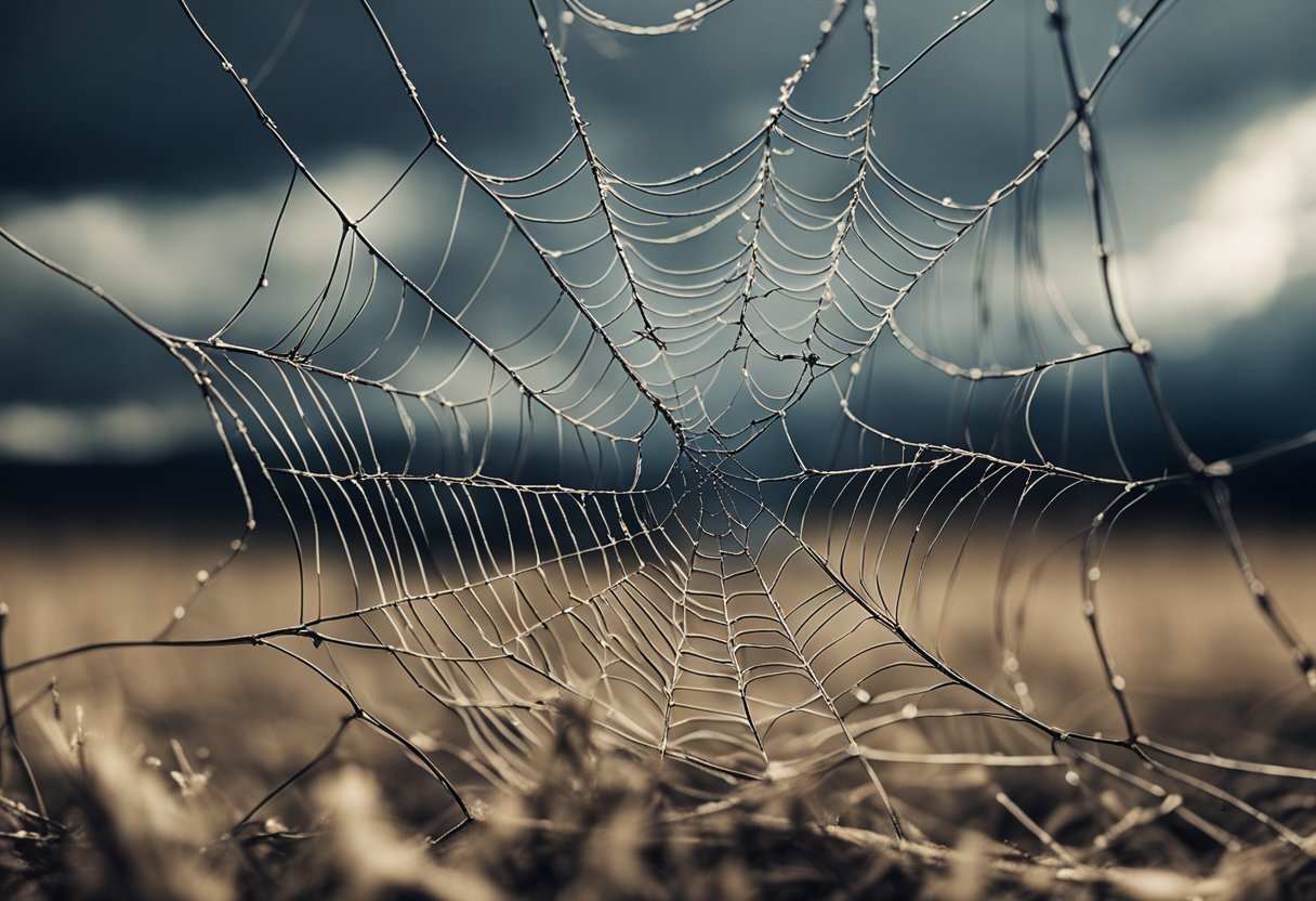 A stormy cloud looming over a tangled web of nerves and veins, with cracks forming in the ground below