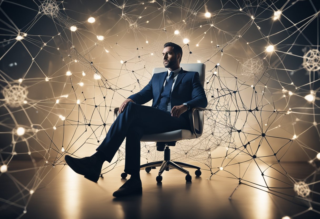 A person sitting in a chair, surrounded by a web of interconnected lines and symbols, representing the complex relationship between mental health disorders and chronic illnesses