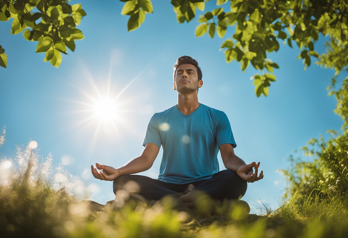 A person meditating in a peaceful natural setting, surrounded by vibrant greenery and clear blue skies, with a sense of calm and tranquility