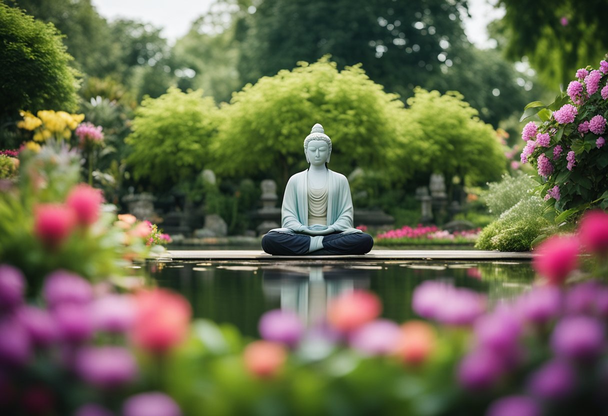 A serene figure meditating in a lush, peaceful garden, surrounded by vibrant flowers and a tranquil pond