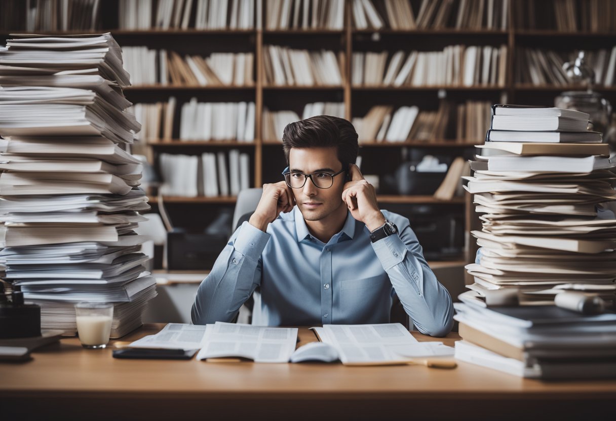 A person sitting at a desk surrounded by stacks of research papers and books, with a computer open to a page displaying graphs and charts related to mental health and longevity