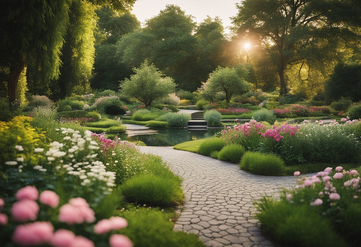 A serene garden with vibrant flowers and a winding path leading to a peaceful pond surrounded by lush greenery