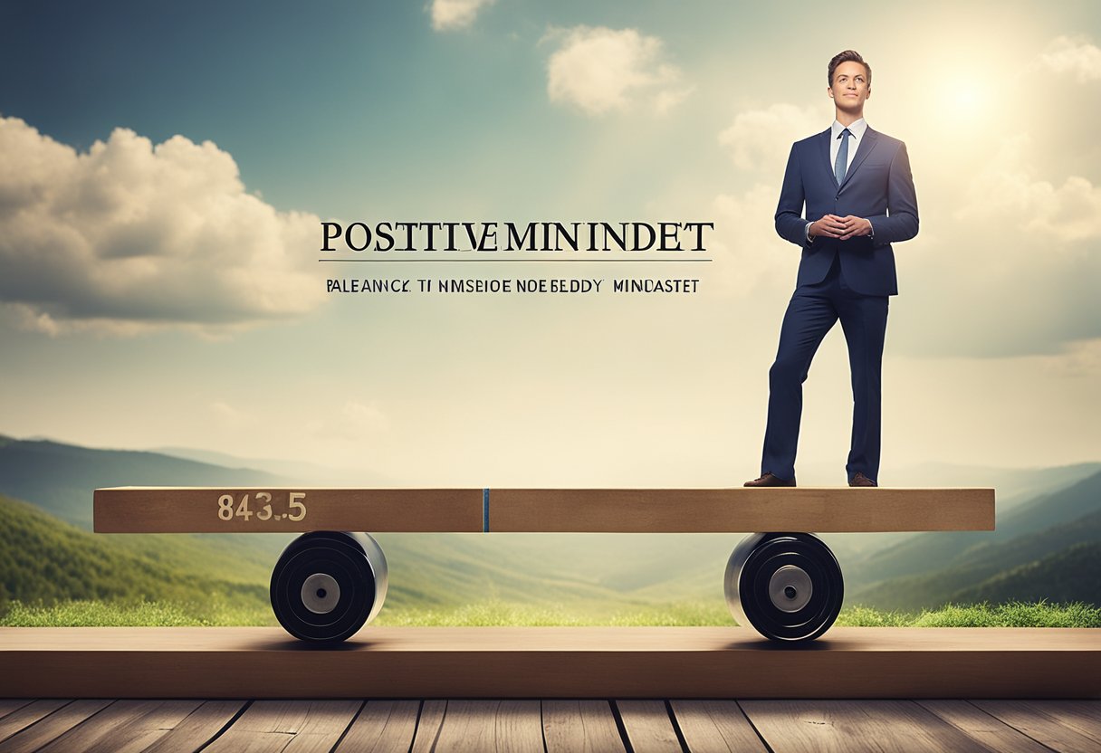 A person standing on a balance beam, one side labeled "positive mindset" and the other "negative mindset," with their body reflecting the effects of each