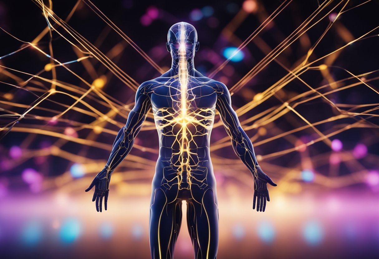 A figure surrounded by vibrant energy, with lines connecting the mind to the body, illustrating the impact of mindset on overall health