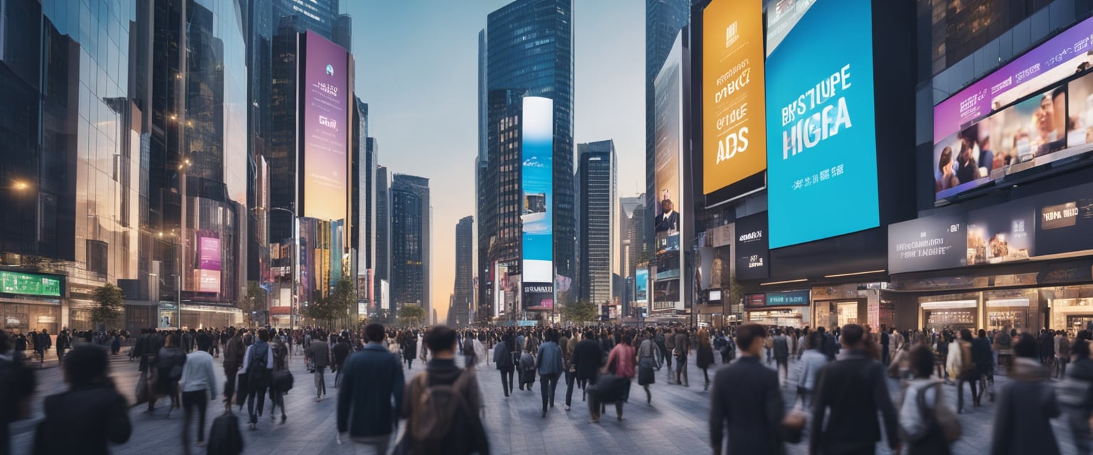 Eine belebte Stadtstraße mit modernen Gebäuden und Werbetafeln, Menschen, die mit digitalen Geräten interagieren, und bunten Online-Marketing-Anzeigen, die auf Bildschirmen angezeigt werden.