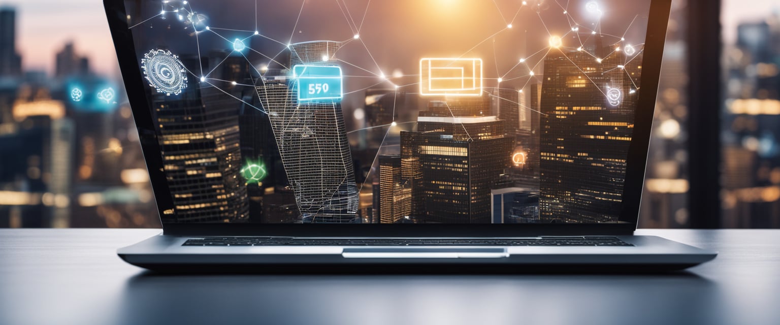 Ein Laptop, der Online-Marketing-Strategien mit einer Stadtlandschaft im Hintergrund anzeigt.