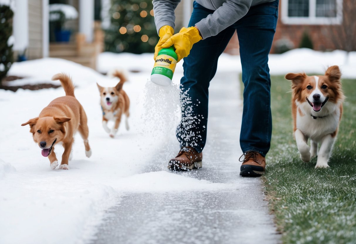 A person sprinkles eco-friendly ice melter on a snowy path, surrounded by happy pets playing in the yard