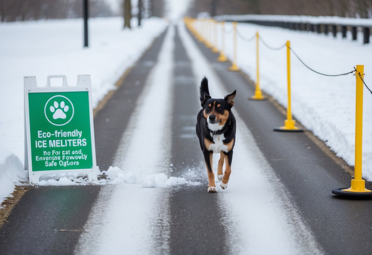 A snowy pathway with a dog walking on it, surrounded by eco-friendly ice melters and a sign promoting pet and environmentally safe options