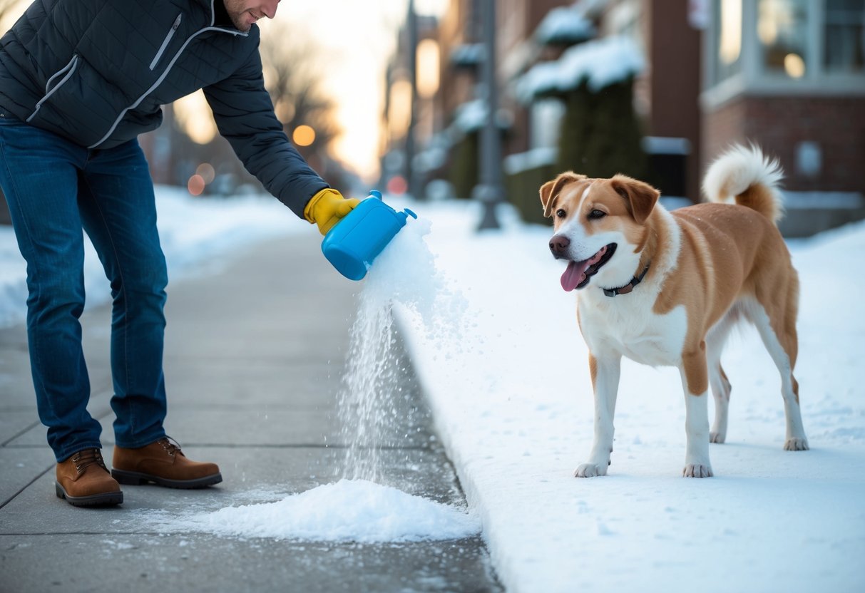 A person sprinkling pet-friendly ice melt on a snowy sidewalk with a smiling dog nearby