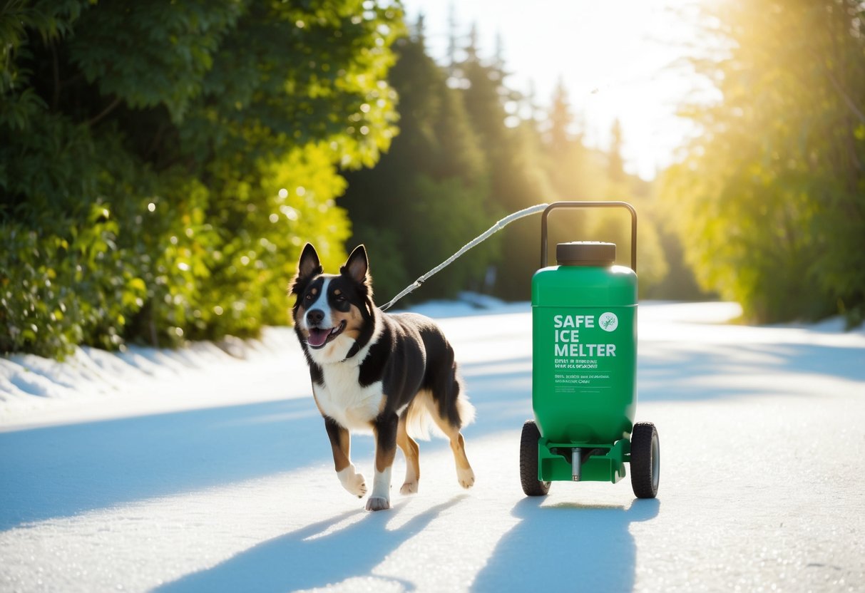 A sunny winter scene with a dog walking on a safe, eco-friendly ice melter. The environment is lush and green, showcasing the product's eco-conscious benefits