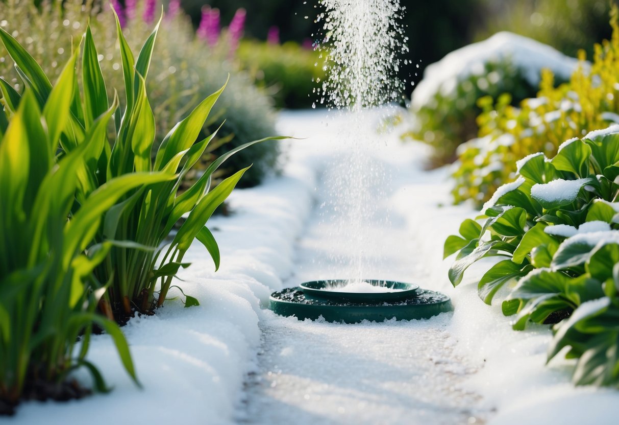 Lush green plants and vibrant aquatic life thrive around a pet-friendly, eco-friendly ice melter being sprinkled onto a snowy path