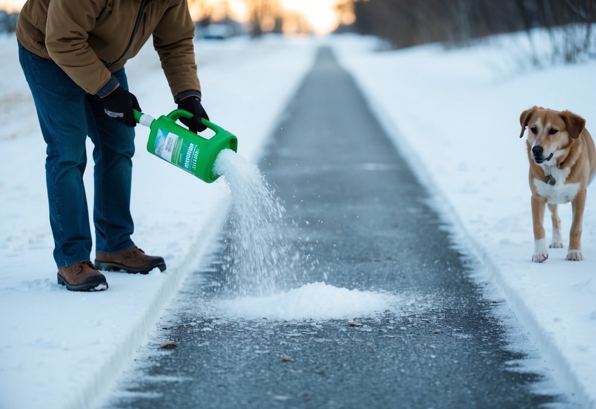 A person sprinkles eco-friendly ice melter on a snowy path, with a container of the product nearby. A dog walks safely alongside