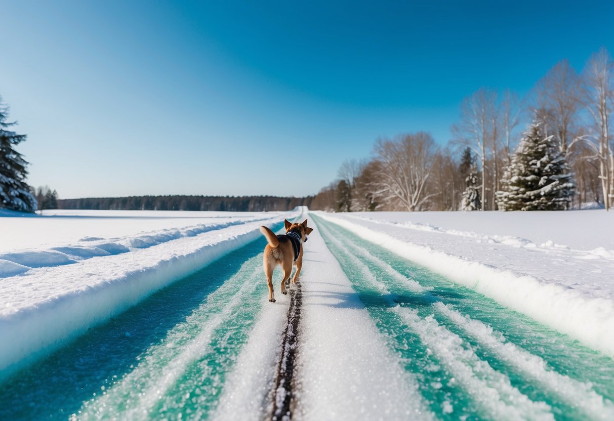 A snowy landscape with a dog walking on a path treated with eco-friendly ice melter, surrounded by trees and a clear blue sky