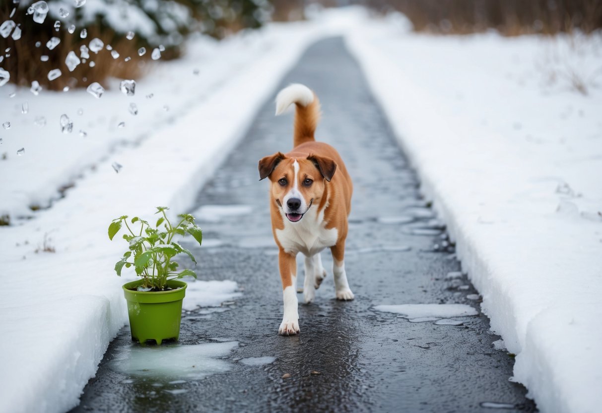 A snowy pathway with a dog and plant life, surrounded by eco-friendly ice melt crystals