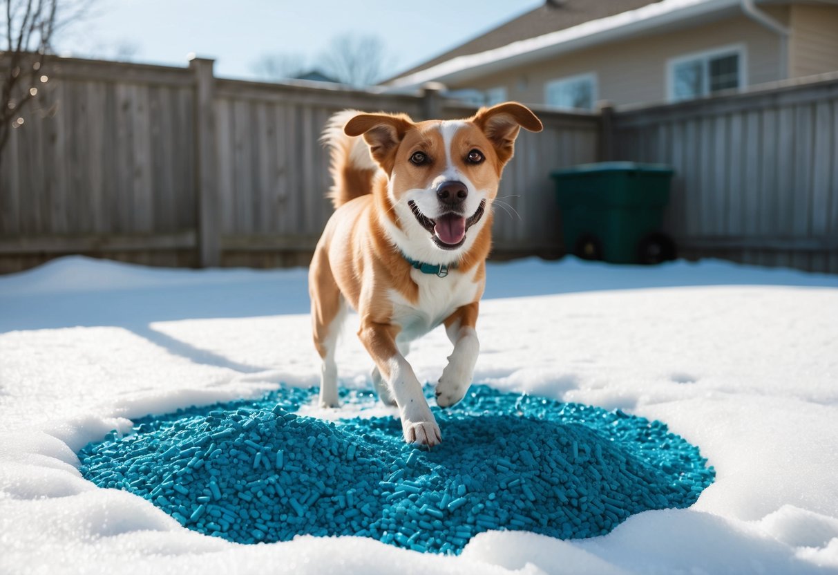 A sunny backyard with a dog happily playing on a snow-covered lawn, surrounded by eco-friendly ice melter pellets that are safe for pets and the environment