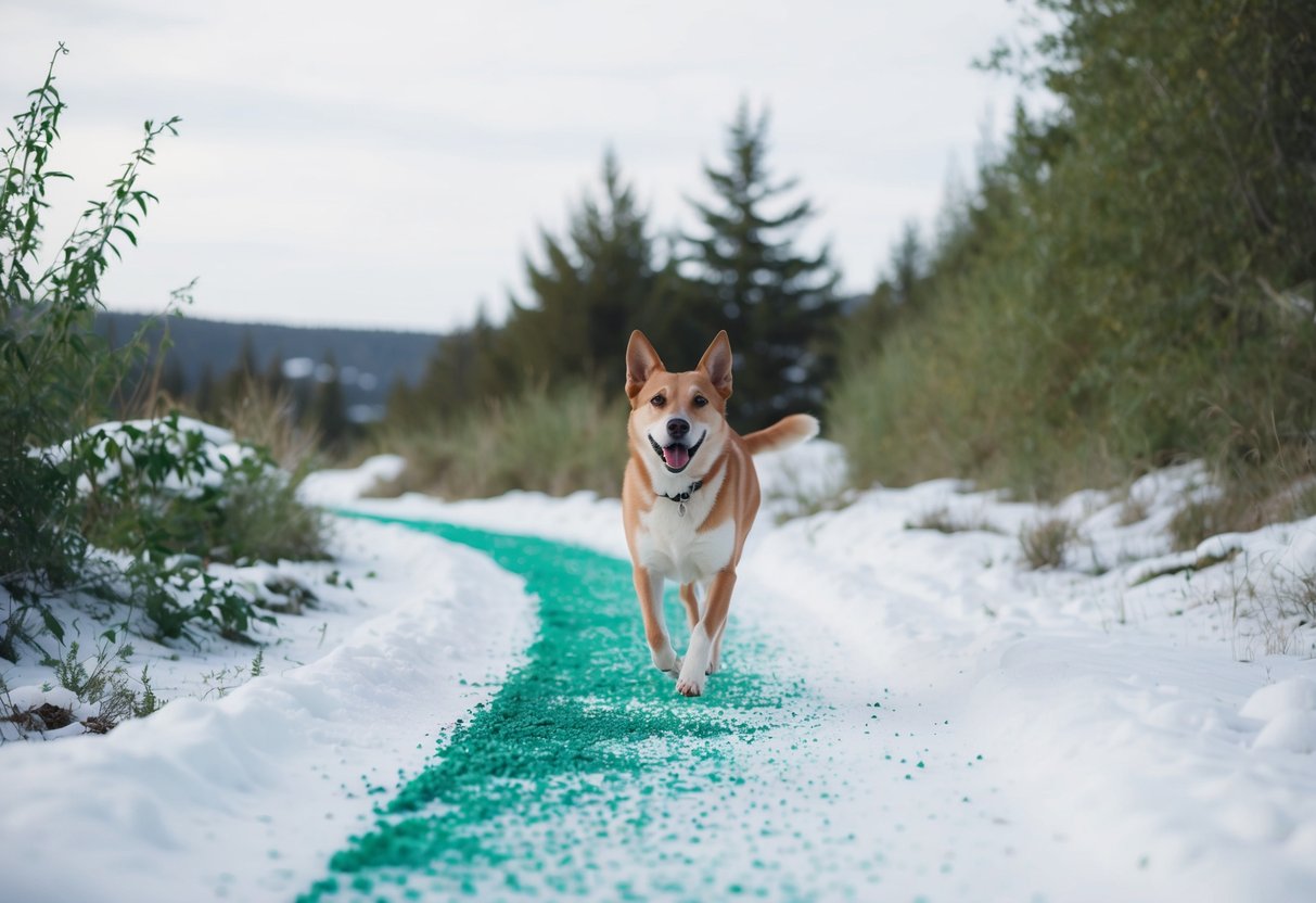 A snowy landscape with a dog happily walking on a path sprinkled with eco-friendly ice melter, surrounded by greenery and wildlife