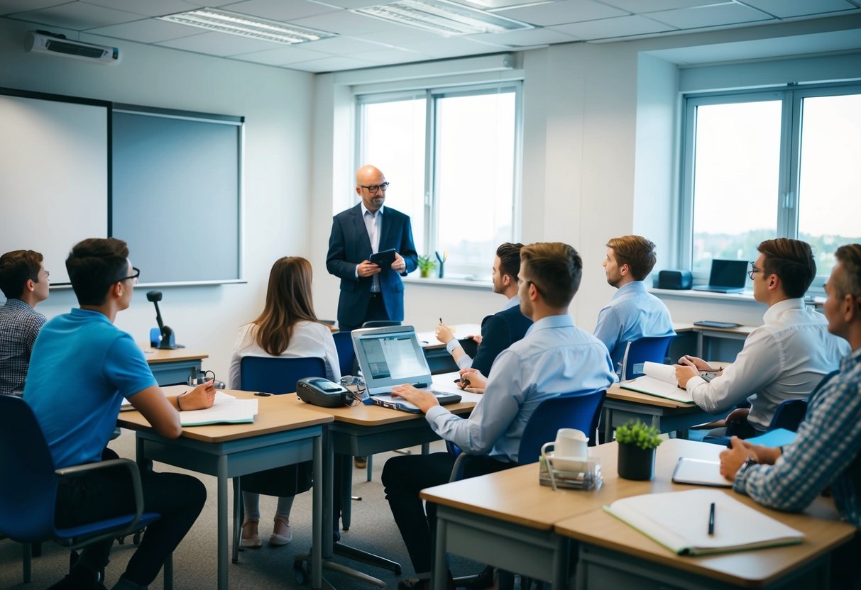 A classroom with a lecturer and students, equipment, and materials for ISO 17025 training courses