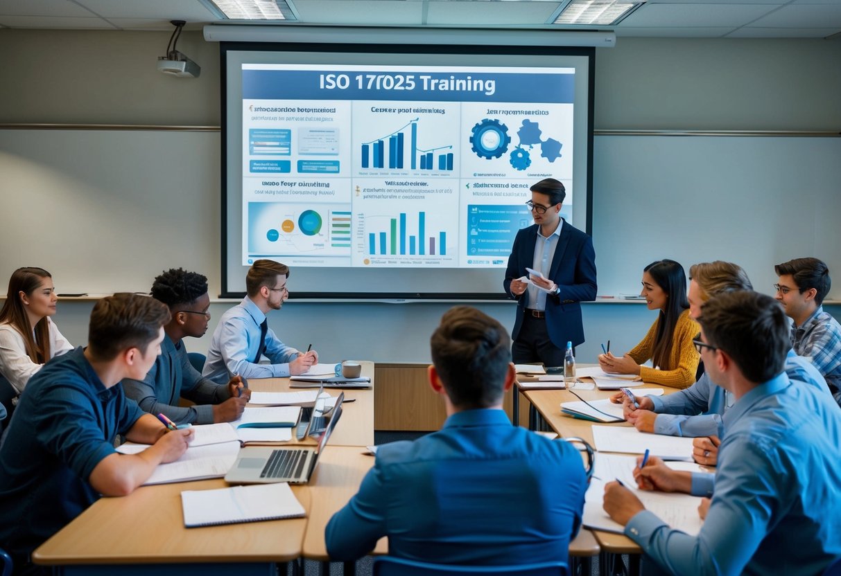 A classroom with a projector displaying ISO 17025 training courses slides, surrounded by students taking notes and engaging in discussion