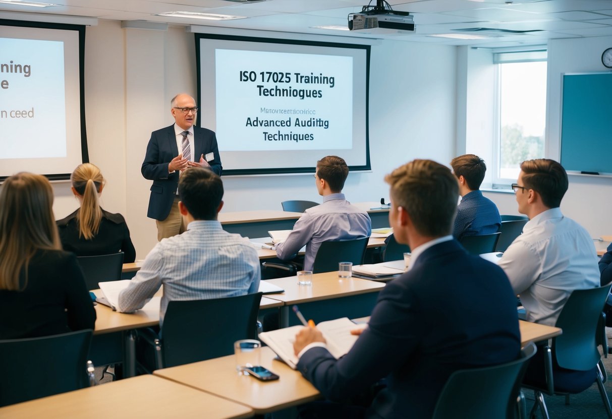 A classroom setting with a lecturer and students engaged in an iso 17025 training courses on advanced auditing techniques