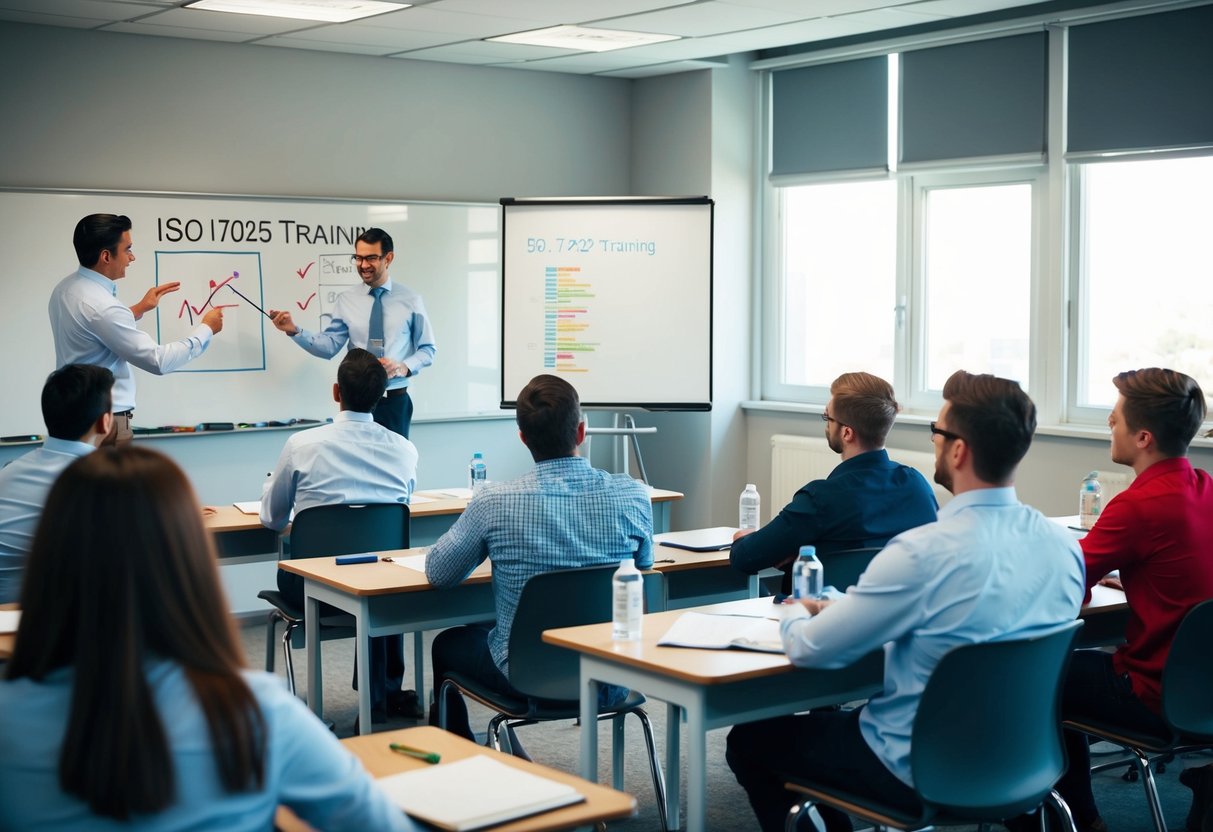 A classroom setting with a whiteboard, charts, and students engaged in iso 17025 training courses