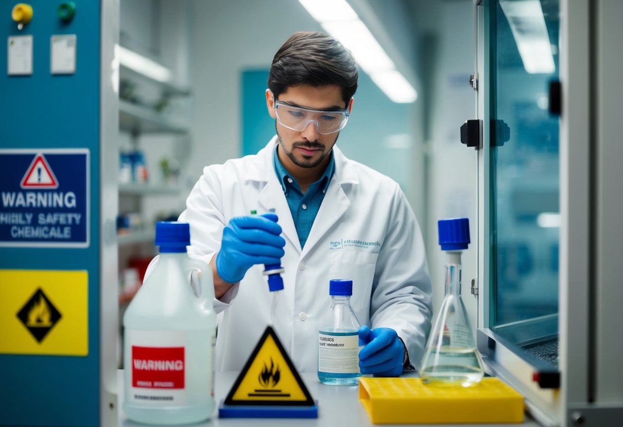 A scientist in a lab coat carefully handles hazardous chemicals inside a fume hood, while safety equipment and warning signs are prominently displayed