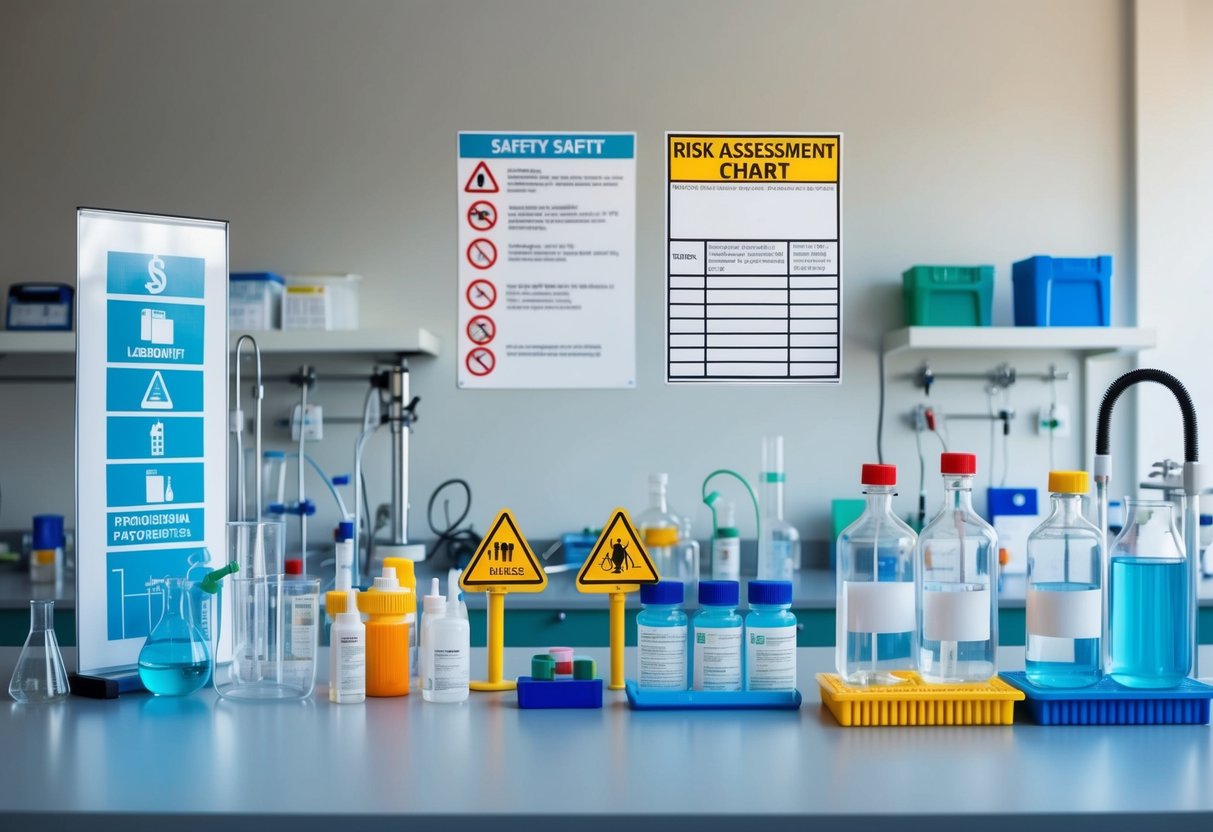 A laboratory setting with various equipment and chemicals, safety signs, and a risk assessment chart displayed on the wall showing risk management in the laboratory setting.