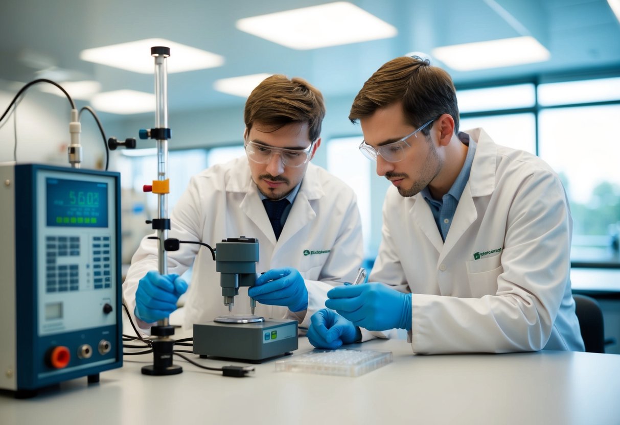 A laboratory technician carefully calibrates equipment while another reviews quality control data and discussing risk management in the laboratory