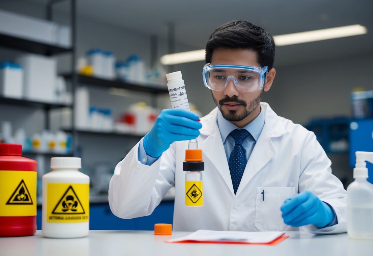 A scientist in a lab coat adjusts safety equipment and labels hazardous materials concerned about risk management in the laboratory. 