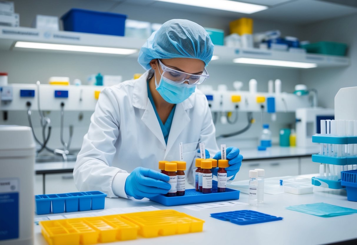 A laboratory technician carefully labels and organizes vials of blood samples on a sterile workbench, surrounded by various medical equipment and safety protocols for risk management in the laboratory