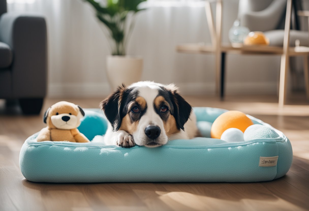 Uma cama de cachorro confortável e ortopédica cercada por brinquedos macios e uma tigela de água