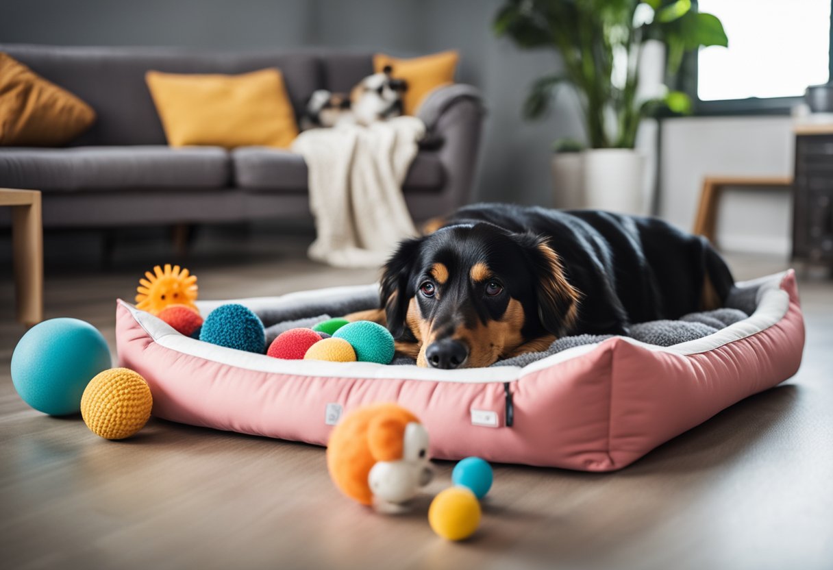 Uma cama de cachorro ortopédica e aconchegante cercada por brinquedos e uma tigela de água, com um cachorro feliz descansando confortavelmente nela.