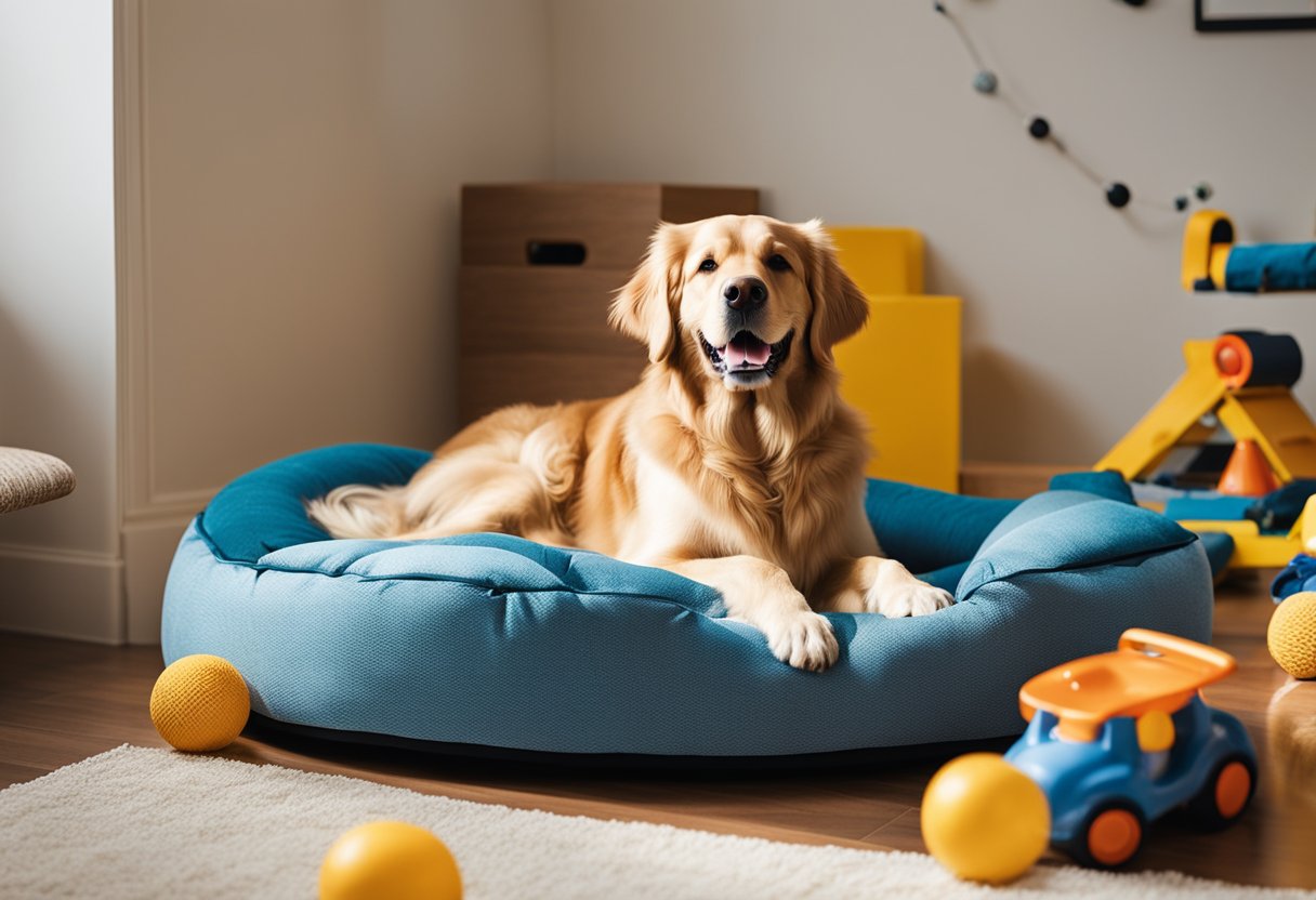 Uma grande cama ortopédica de pelúcia para cães está situada em uma sala iluminada pelo sol, cercada por brinquedos e uma tigela de água. Um golden retriever descansa confortavelmente na cama, parecendo contente e relaxado.