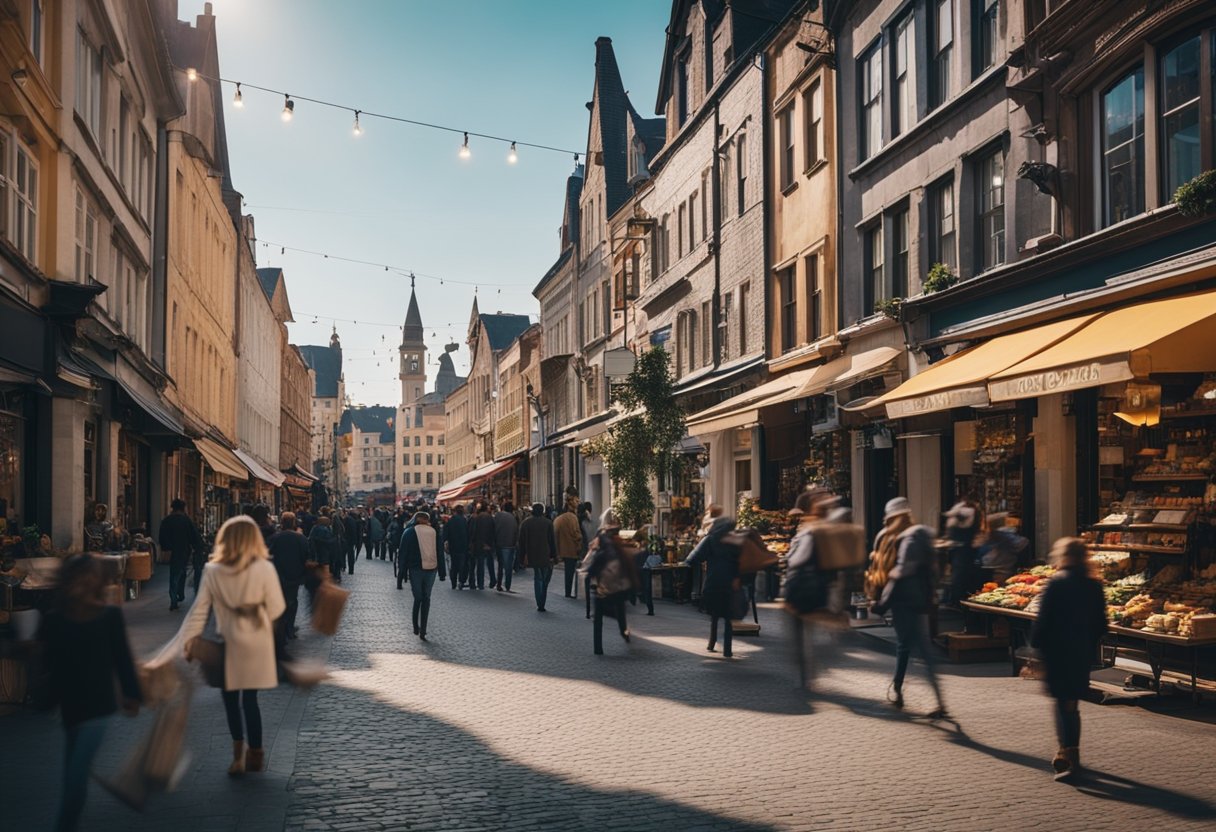 Busy street with colorful storefronts and bustling shoppers. A mix of old and new architecture in a charming town setting