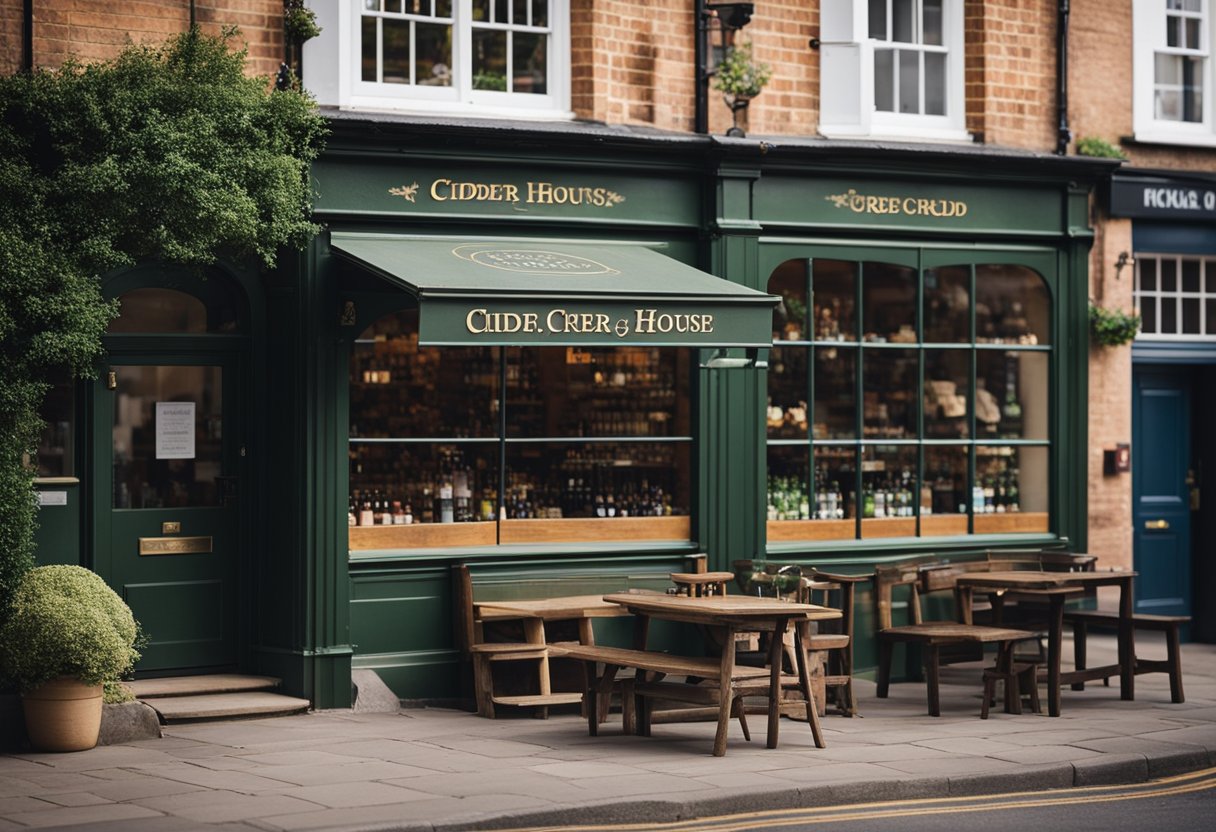 A quaint cider house nestled among shops in Hereford, with a rustic storefront and inviting outdoor seating area